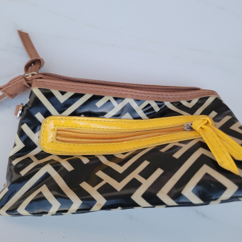 Geometric Coated Canvas Zipper Pouch Black Yellow Tribal Pattern Makeup Bag